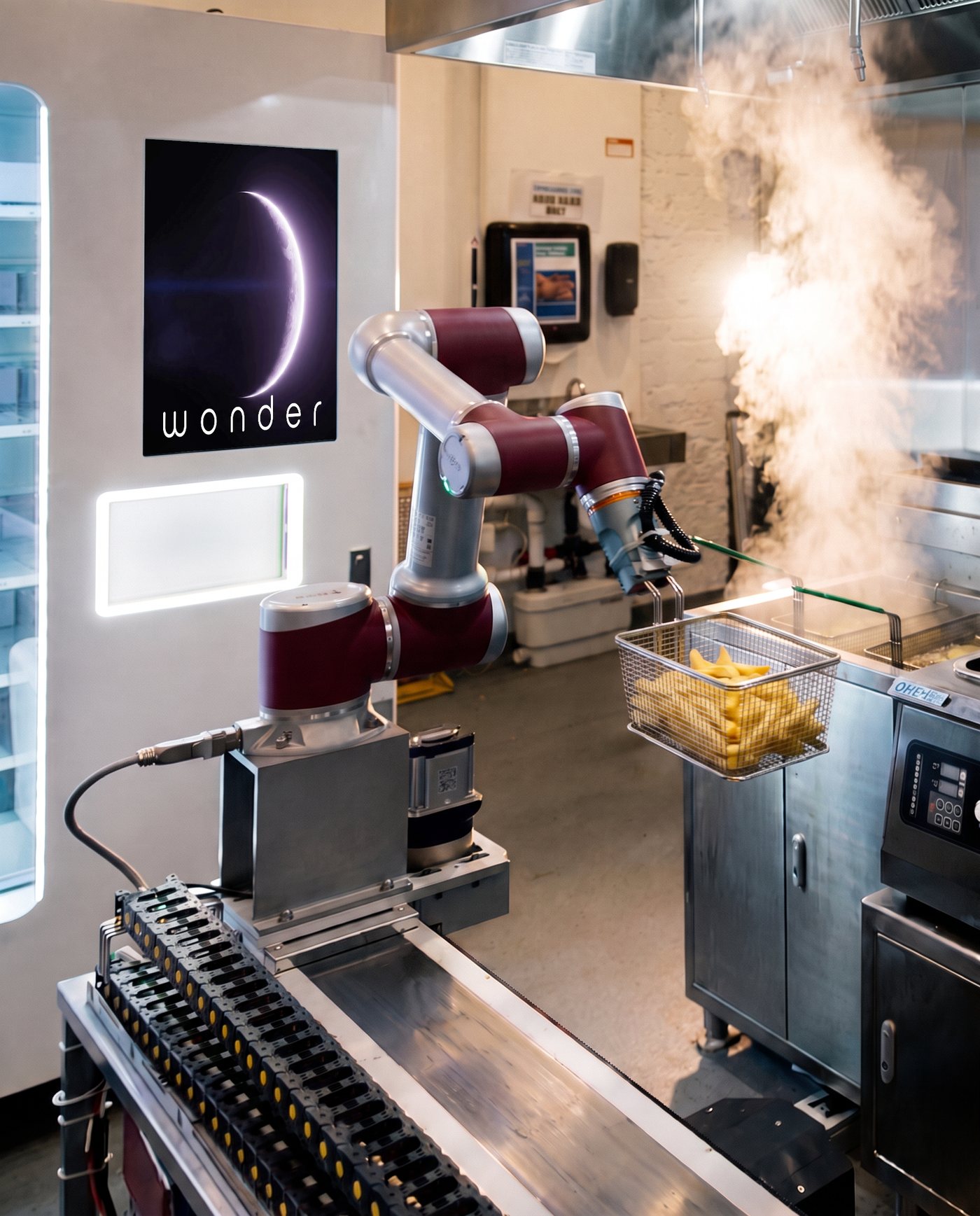 The kitchen's robot arm lifting a basket of chips